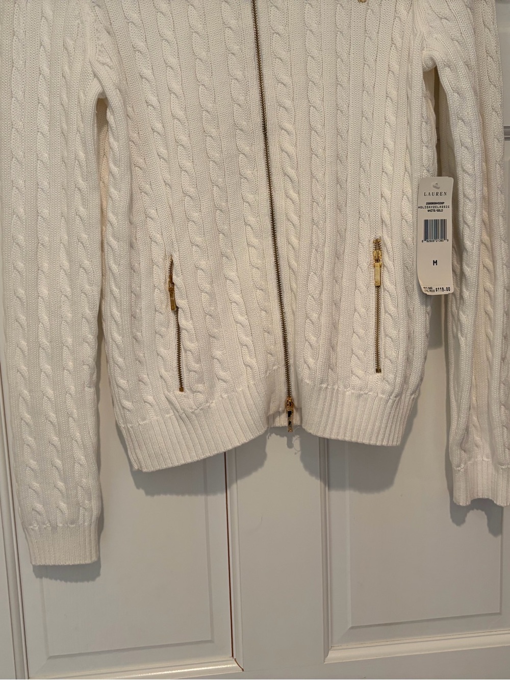 NWT Lauren Ralph Lauren White Cable-Knit Zip Cardigan with Gold Hardware - Picture 4 of 10
